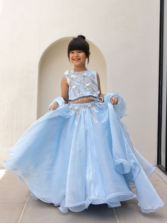 Blue Embroidered Kids Festive Lehenga Set