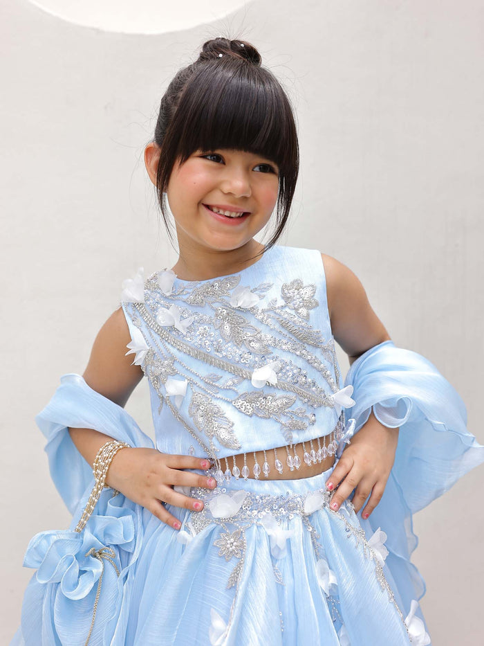 Blue Embroidered Kids Festive Lehenga Set