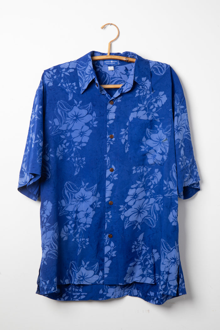 Blue floral patterned batik shirt in Cobalt