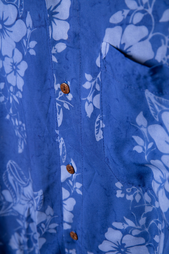 Blue floral patterned batik shirt in Cobalt