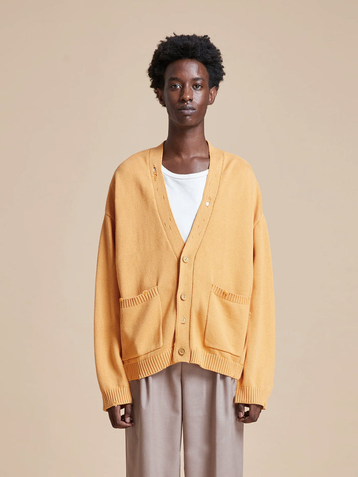 The model is wearing a Found Cadmium Distressed Cardigan sweater.