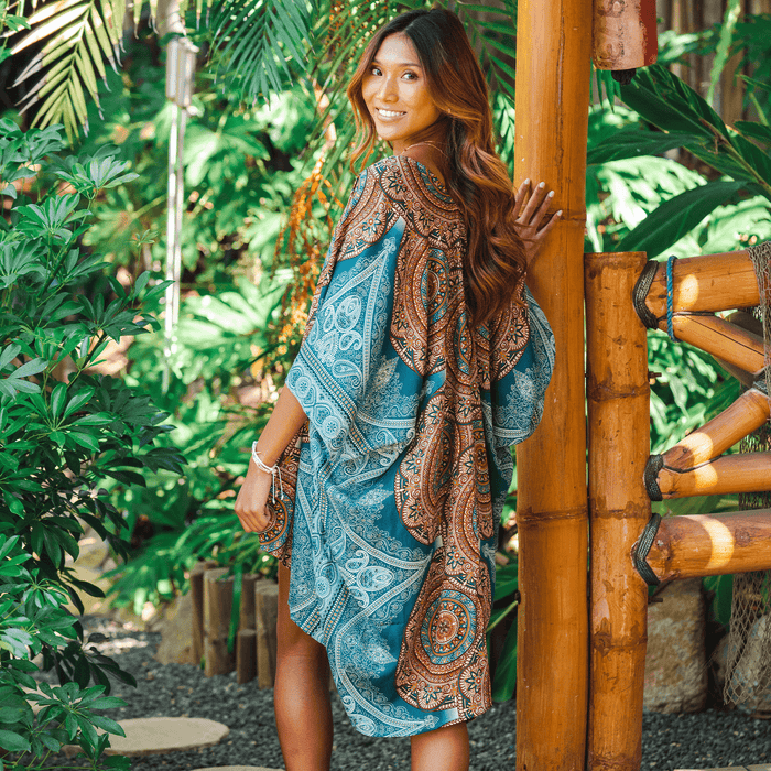 Canggu Kimono, worn in a garden