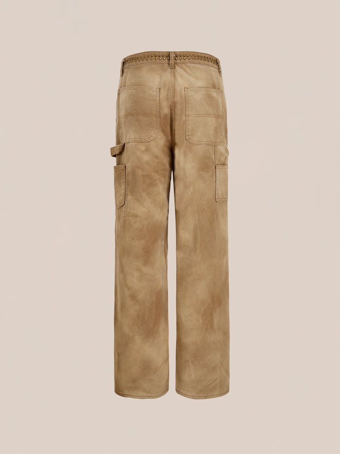 FOUND Canvas Studded Work Pants shown from the back, featuring large patch pockets, a side utility loop, and a straight-leg cut—modern unisex workwear with timeless style.