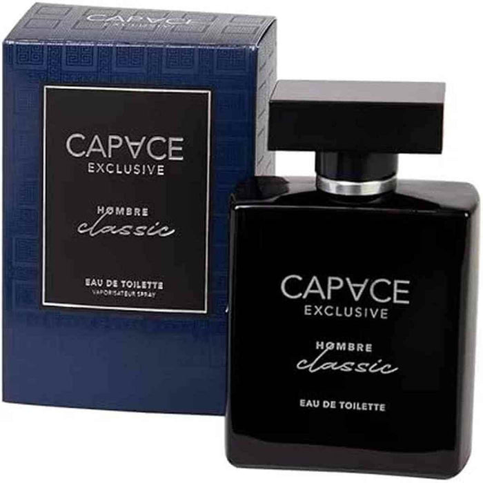 Capace Exclusive Hombre classic eau de toilette pour homme, flacon noir élégant avec boîte bleue, parfum masculin intemporel.