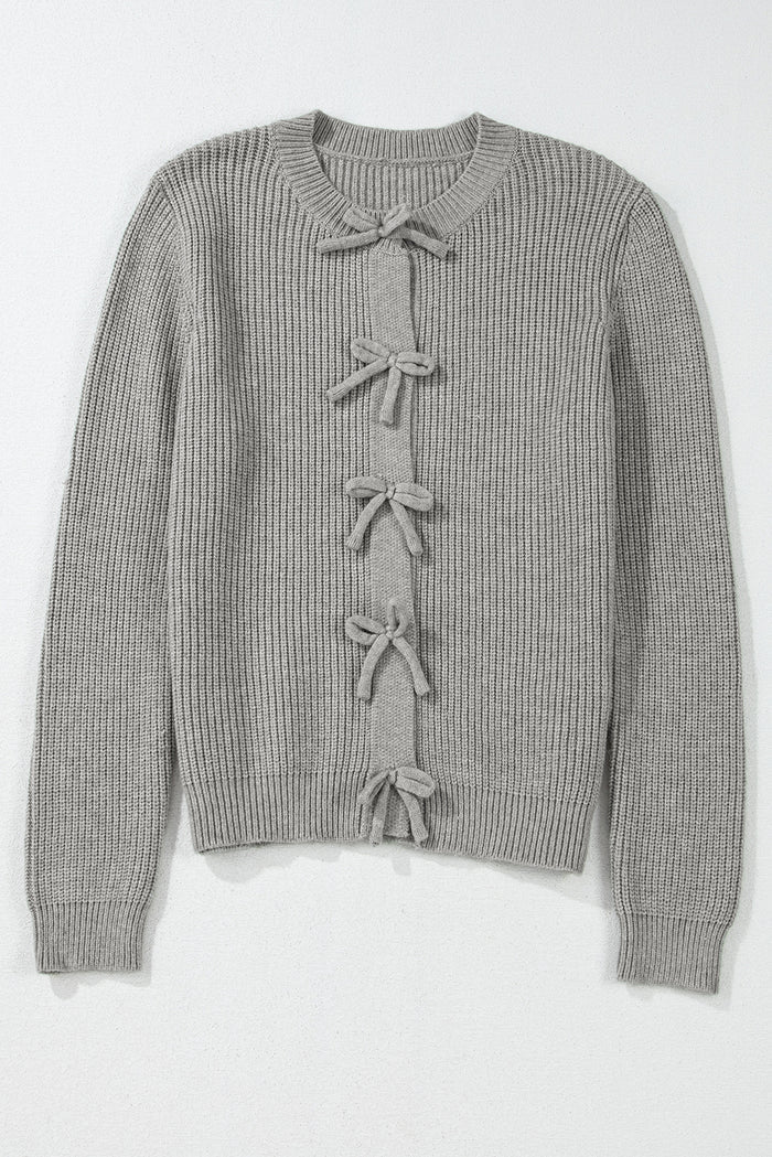 Cardigan boutonné en tricot côtelé gris philippin avec nœud sur le devant-A WOMAN WE LOVE
