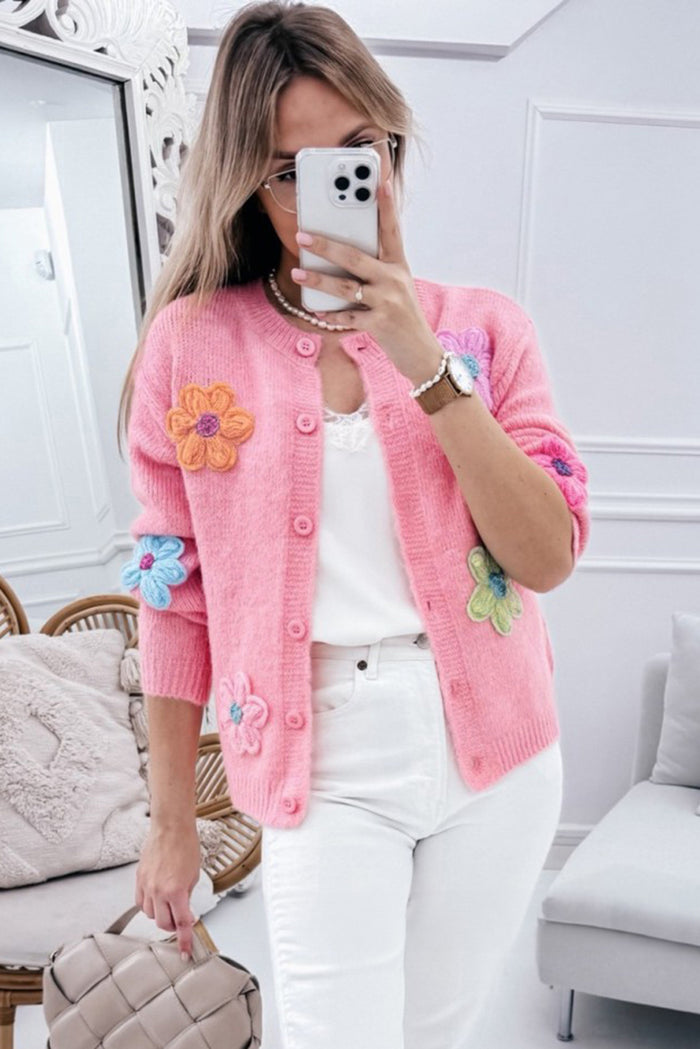 Cardigan boutonné rose à motif floral *-A WOMAN WE LOVE