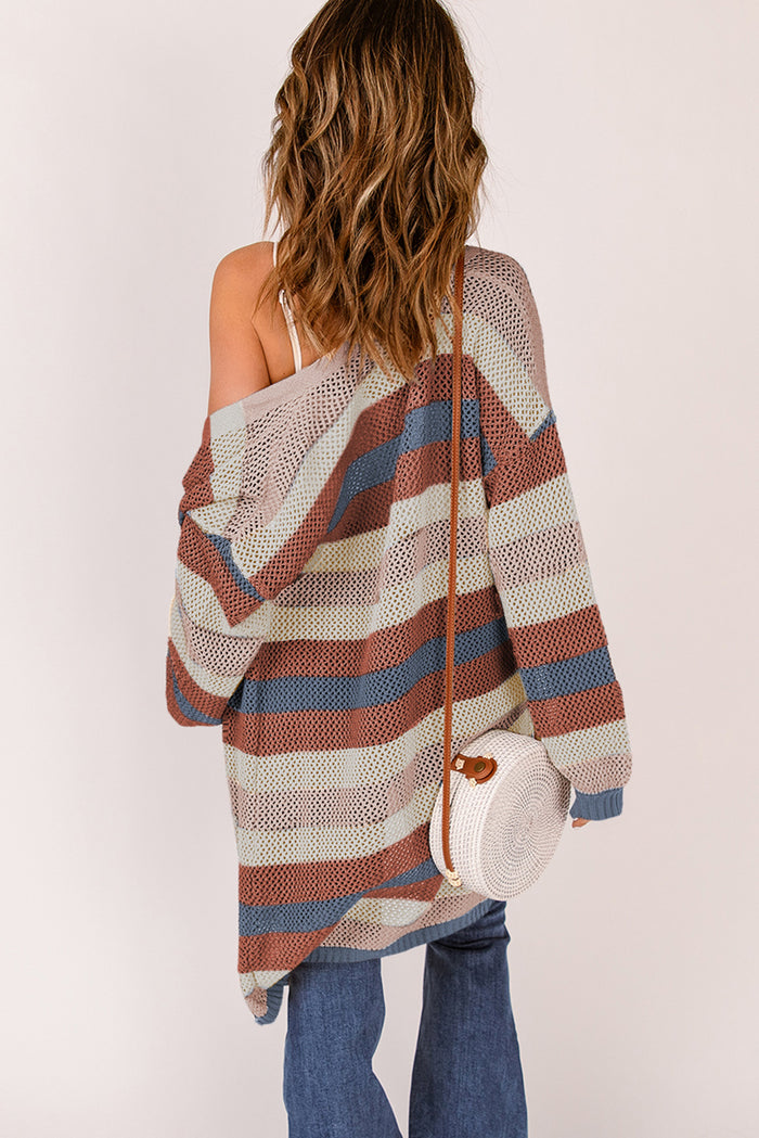 Cardigan en tricot évidé à rayures bleues et blocs de couleurs-A WOMAN WE LOVE