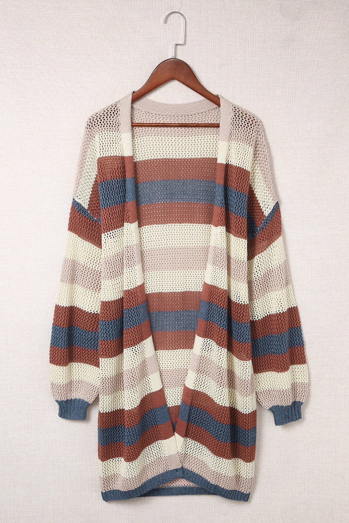 Cardigan en tricot évidé à rayures bleues et blocs de couleurs-A WOMAN WE LOVE