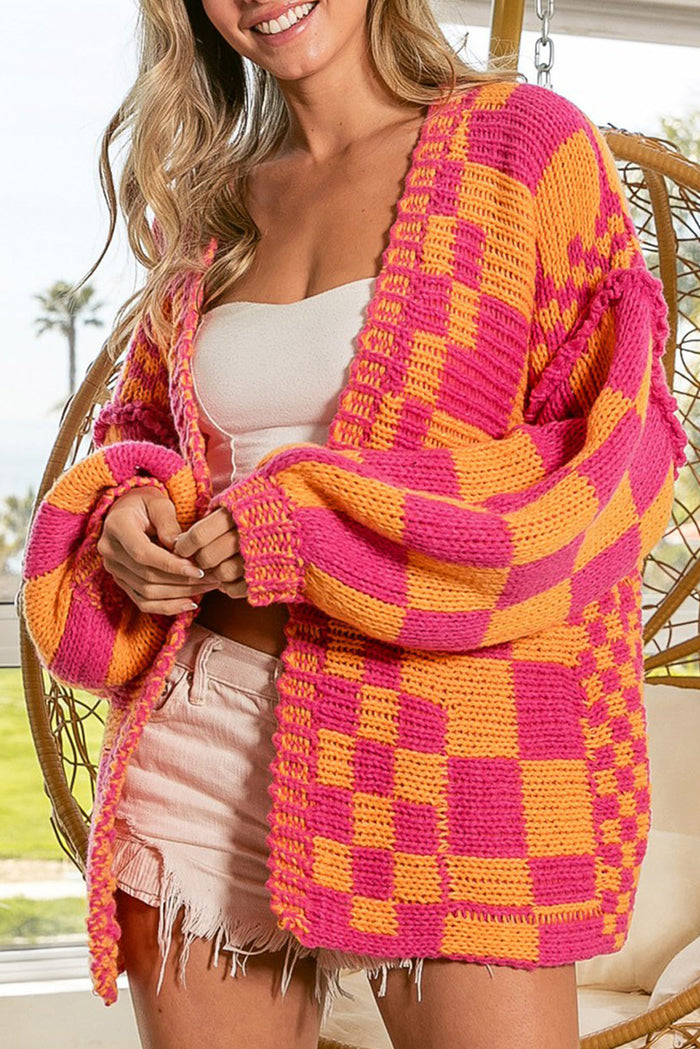 Cardigan en tricot multicolore à motif à carreaux mélangés ouvert sur le devant-A WOMAN WE LOVE