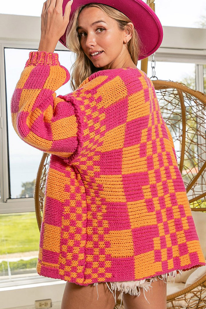 Cardigan en tricot multicolore à motif à carreaux mélangés ouvert sur le devant-A WOMAN WE LOVE