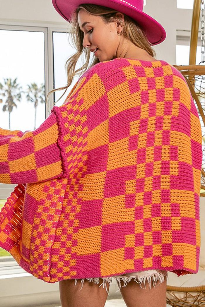 Cardigan en tricot multicolore à motif à carreaux mélangés ouvert sur le devant-A WOMAN WE LOVE