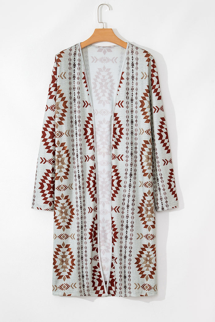 Cardigan long marron imprimé aztèque occidental ouvert sur le devant-A WOMAN WE LOVE