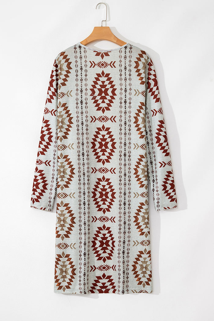 Cardigan long marron imprimé aztèque occidental ouvert sur le devant-A WOMAN WE LOVE