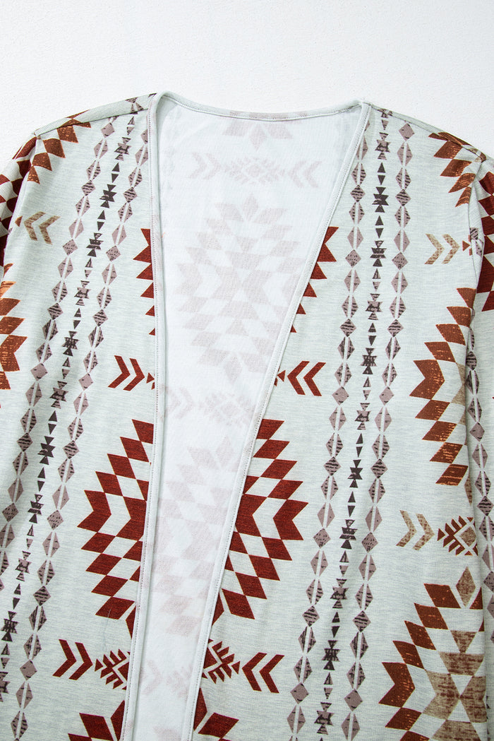 Cardigan long marron imprimé aztèque occidental ouvert sur le devant-A WOMAN WE LOVE