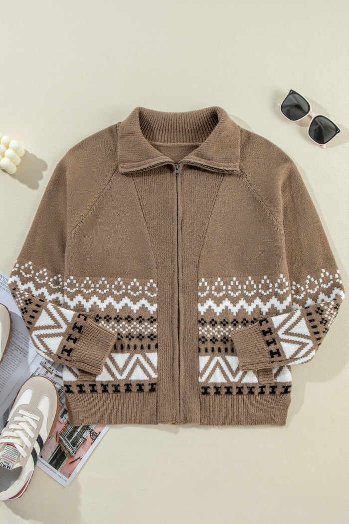 Cardigan marron zippé à col et bordure côtelée imprimé western-A WOMAN WE LOVE
