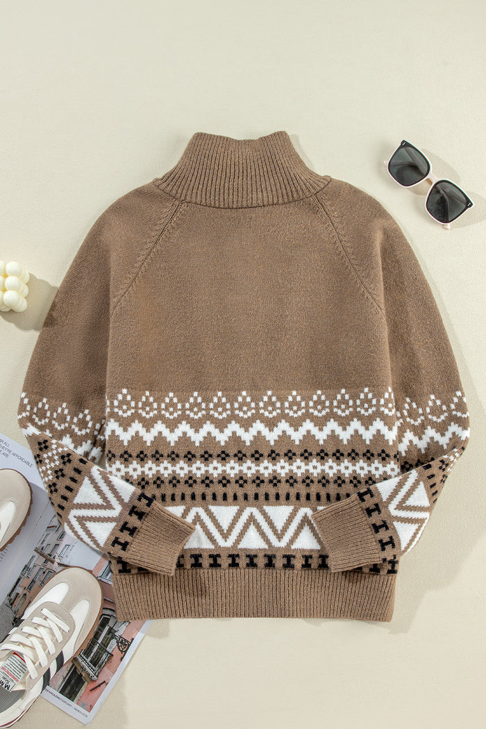 Cardigan marron zippé à col et bordure côtelée imprimé western-A WOMAN WE LOVE