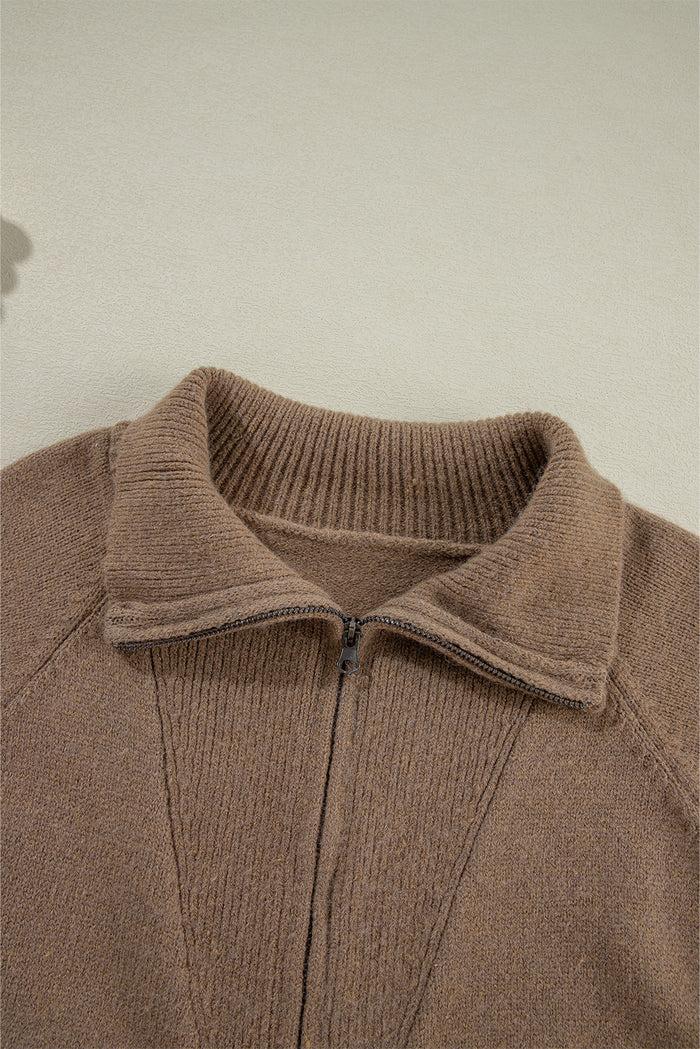 Cardigan marron zippé à col et bordure côtelée imprimé western-A WOMAN WE LOVE