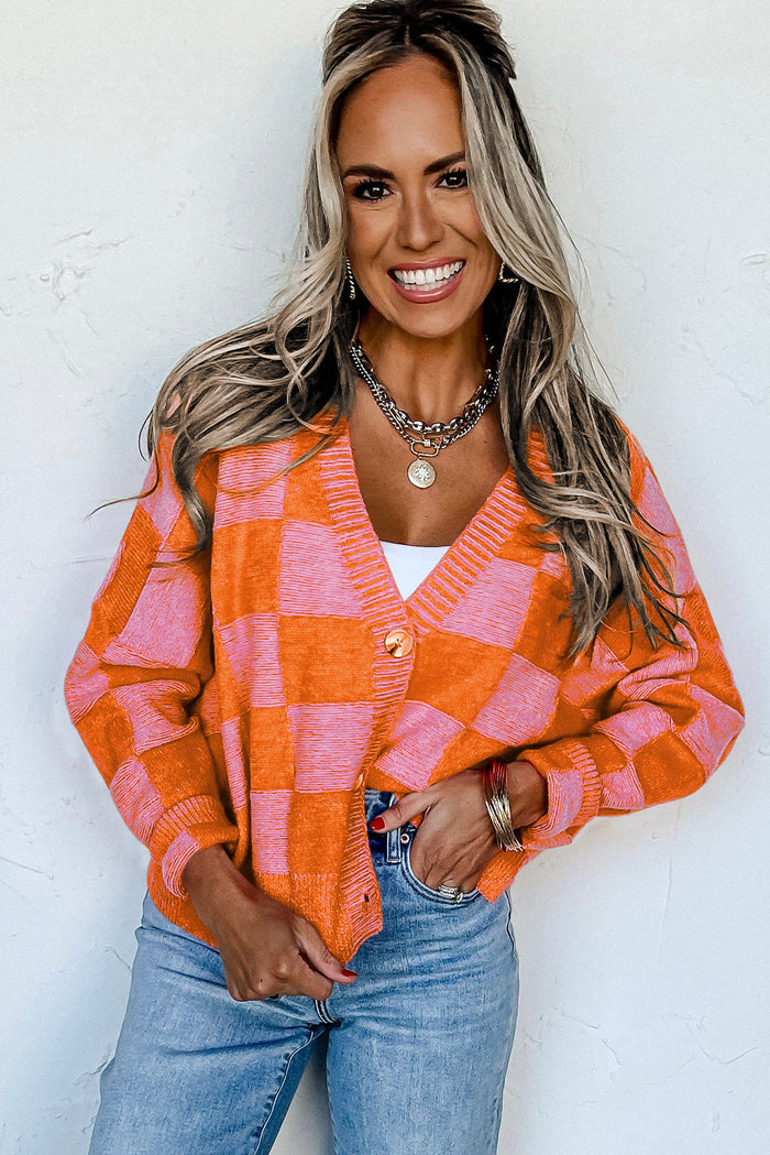 Cardigan orange à carreaux et épaules tombantes boutonné à col en V-A WOMAN WE LOVE