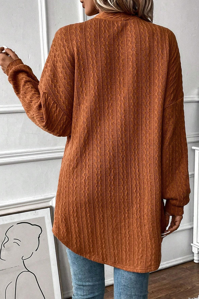 Cardigan ouvert sur le devant en tricot texturé châtain avec poches latérales-A WOMAN WE LOVE