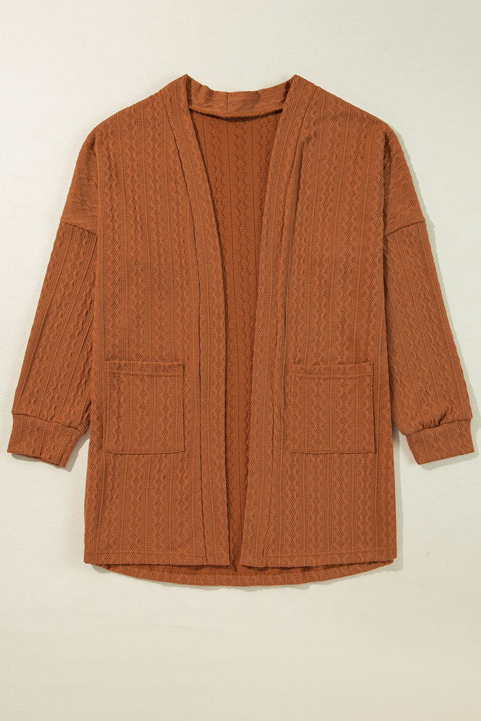 Cardigan ouvert sur le devant en tricot texturé châtain avec poches latérales-A WOMAN WE LOVE