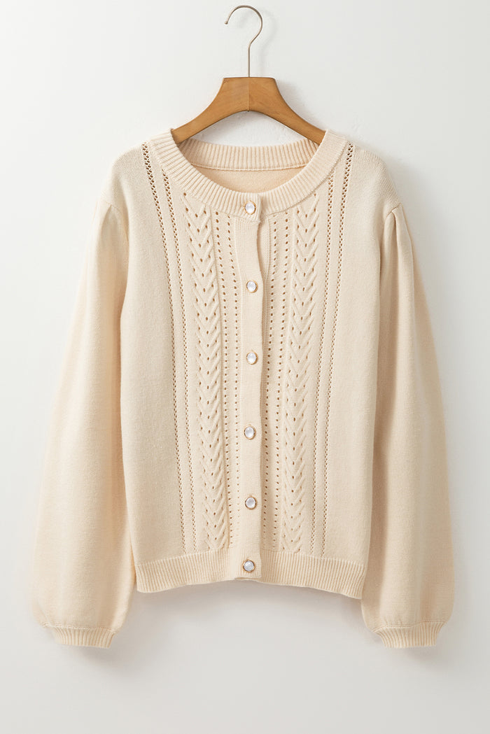 Cardigan pull abricot à manches plissées et détails creux avec boutons-A WOMAN WE LOVE