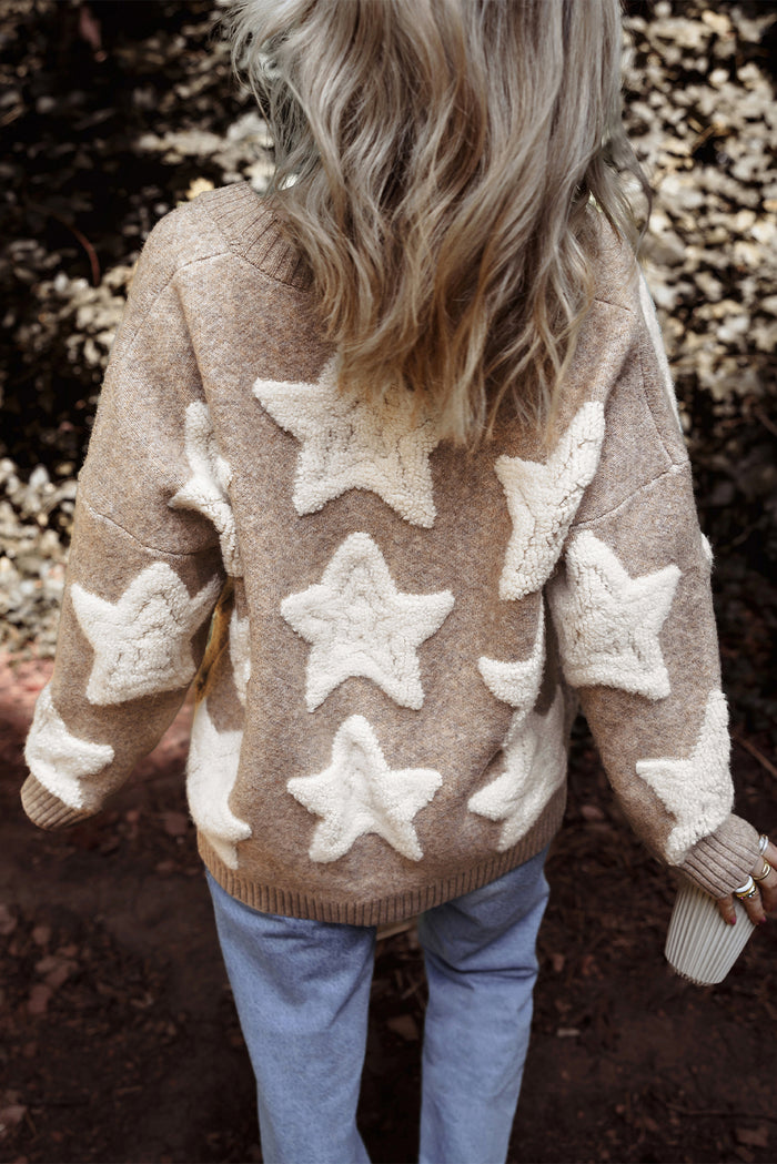 Cardigan pull texturé kaki à motif d'étoiles en sherpa avec poches-A WOMAN WE LOVE