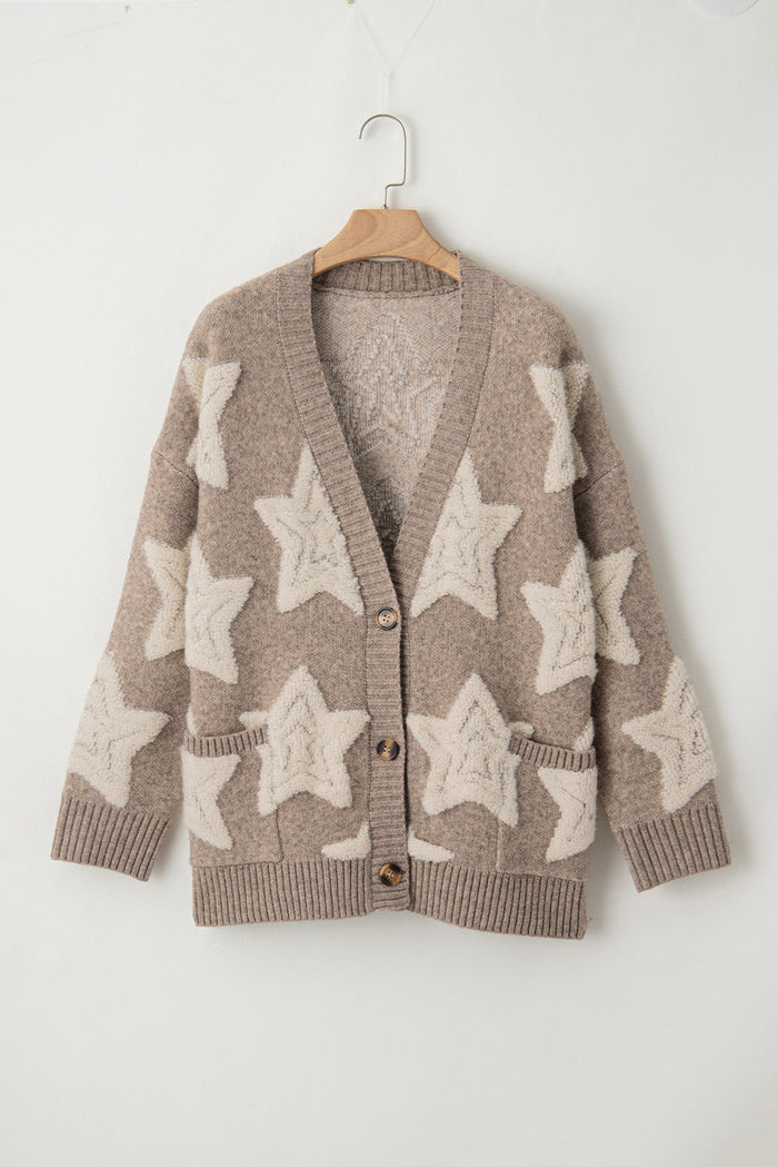 Cardigan pull texturé kaki à motif d'étoiles en sherpa avec poches-A WOMAN WE LOVE