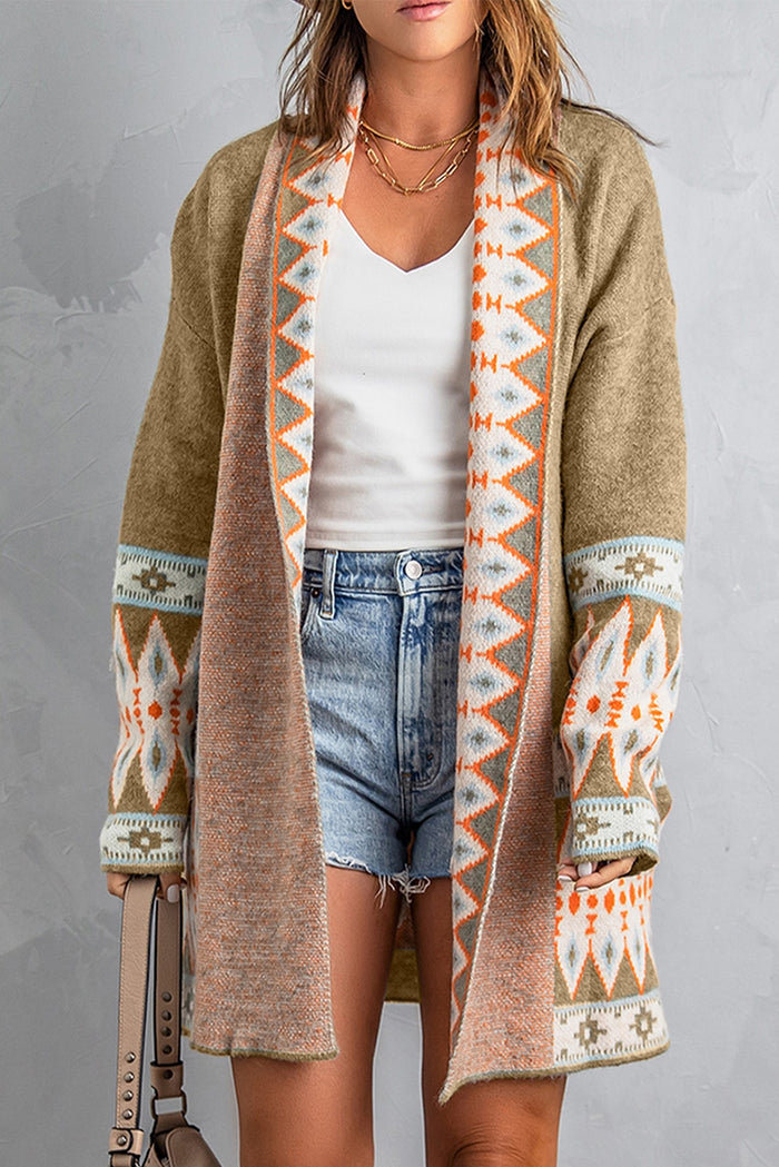 Cardigan tricoté kaki à imprimé aztèque ouvert sur le devant-A WOMAN WE LOVE