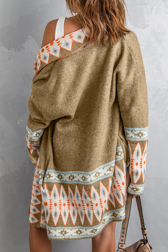 Cardigan tricoté kaki à imprimé aztèque ouvert sur le devant-A WOMAN WE LOVE