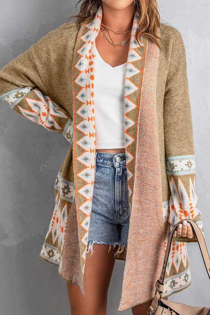 Cardigan tricoté kaki à imprimé aztèque ouvert sur le devant-A WOMAN WE LOVE