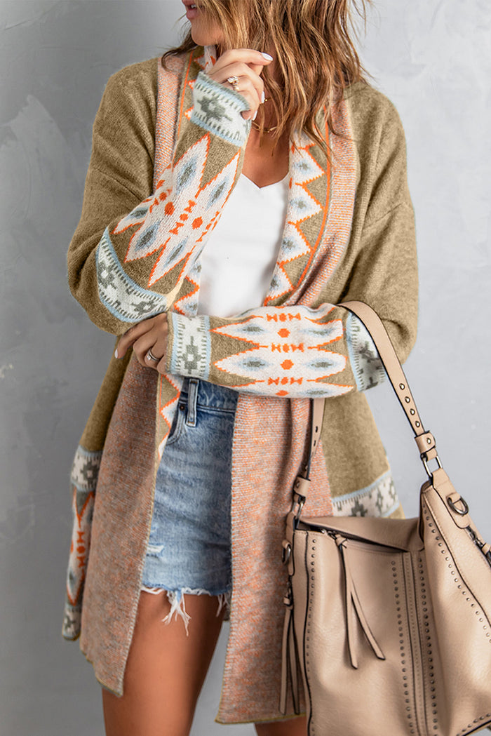 Cardigan tricoté kaki à imprimé aztèque ouvert sur le devant-A WOMAN WE LOVE