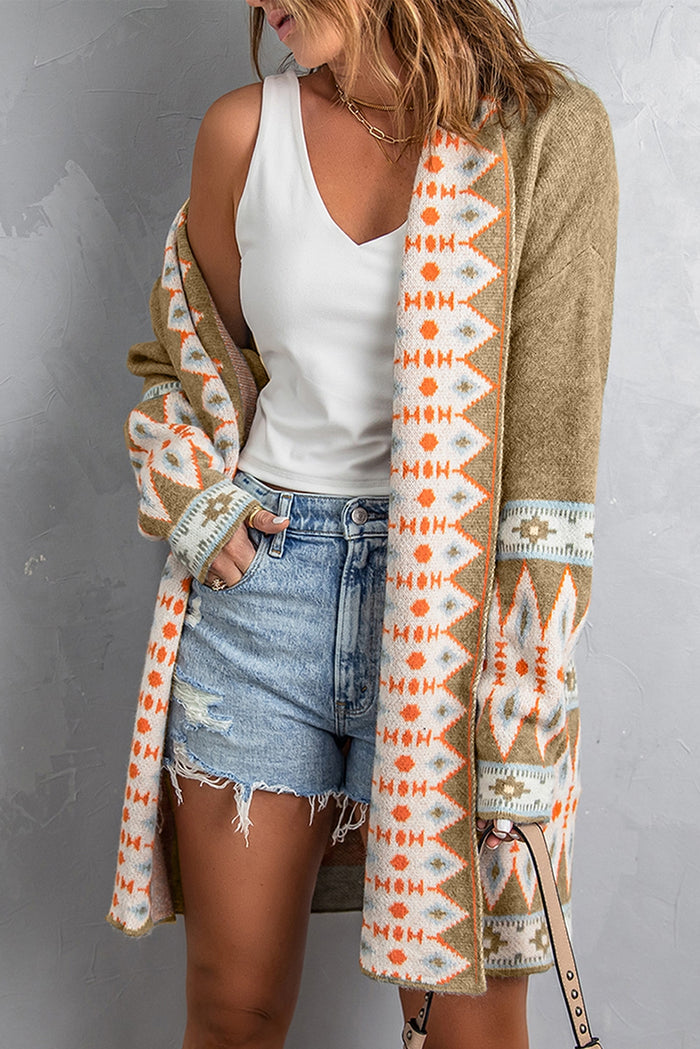 Cardigan tricoté kaki à imprimé aztèque ouvert sur le devant-A WOMAN WE LOVE