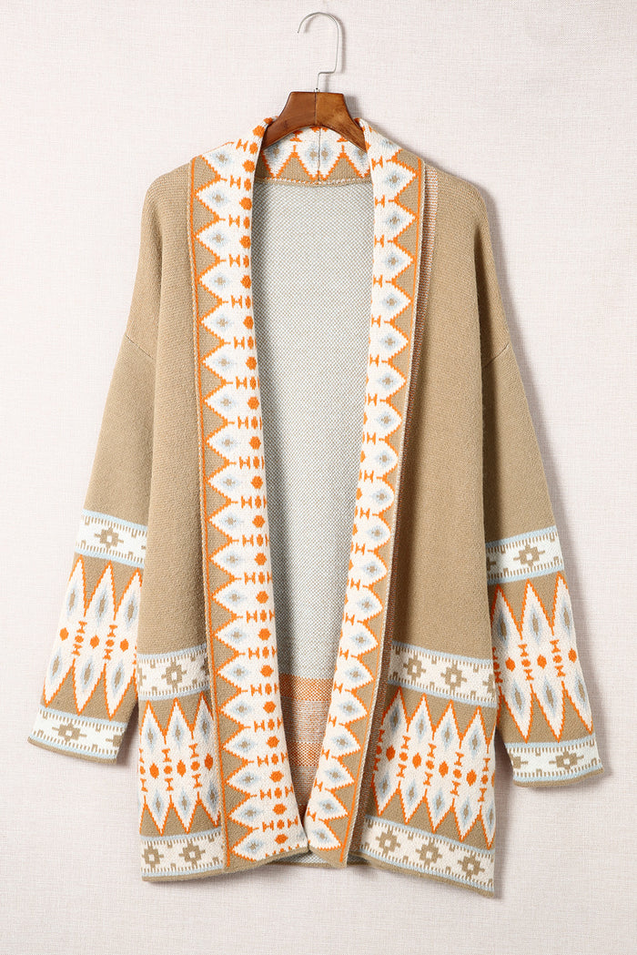 Cardigan tricoté kaki à imprimé aztèque ouvert sur le devant-A WOMAN WE LOVE