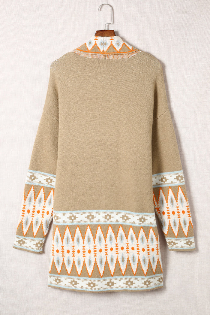 Cardigan tricoté kaki à imprimé aztèque ouvert sur le devant-A WOMAN WE LOVE
