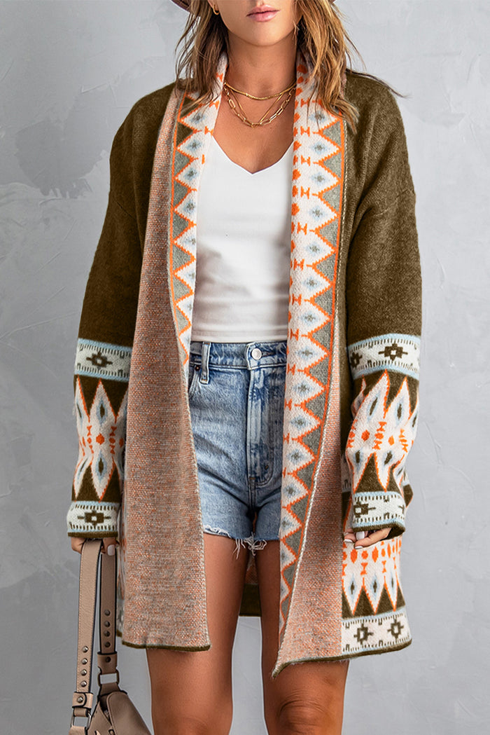 Cardigan tricoté marron à imprimé aztèque ouvert sur le devant-A WOMAN WE LOVE