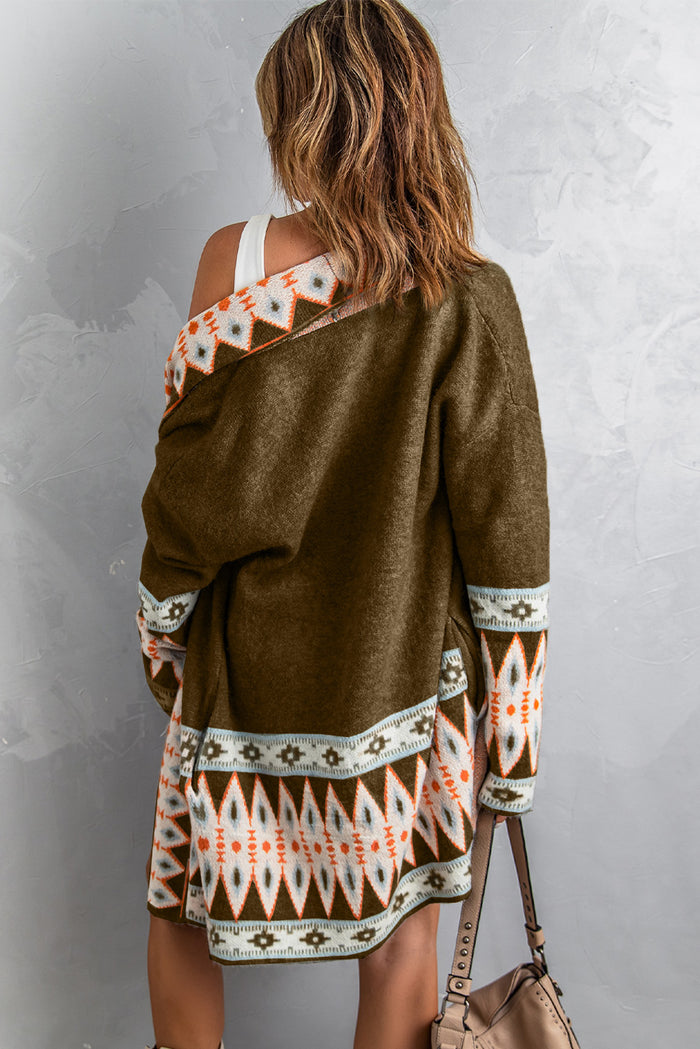 Cardigan tricoté marron à imprimé aztèque ouvert sur le devant-A WOMAN WE LOVE