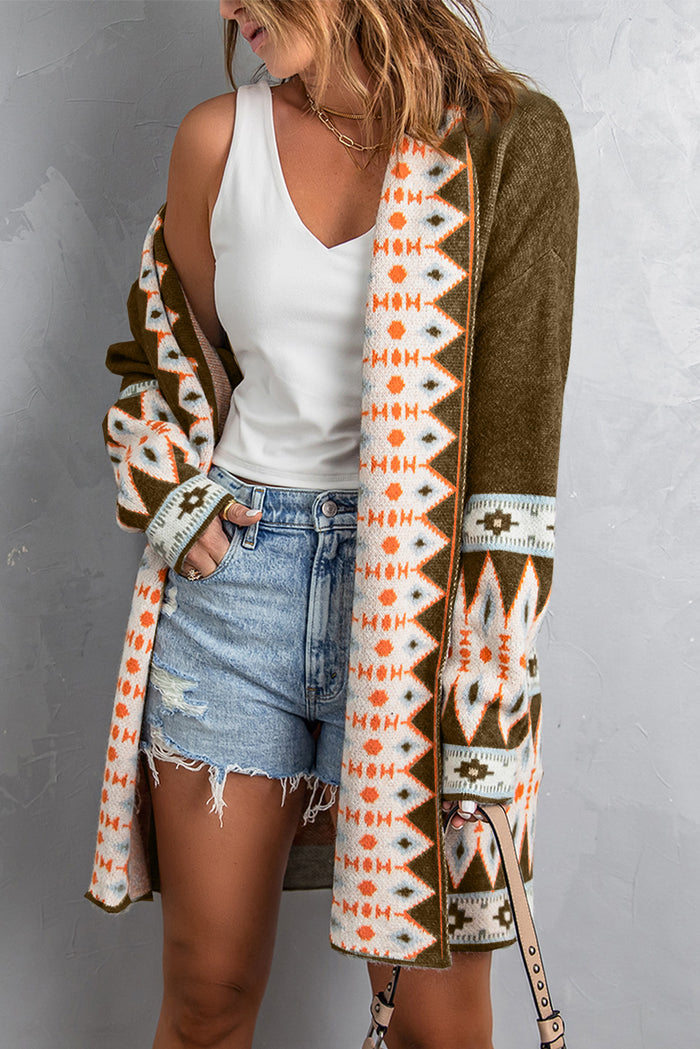 Cardigan tricoté marron à imprimé aztèque ouvert sur le devant-A WOMAN WE LOVE