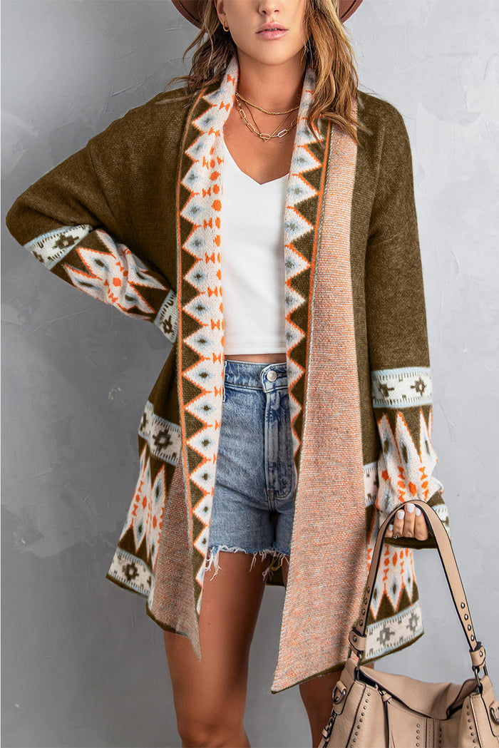 Cardigan tricoté marron à imprimé aztèque ouvert sur le devant-A WOMAN WE LOVE