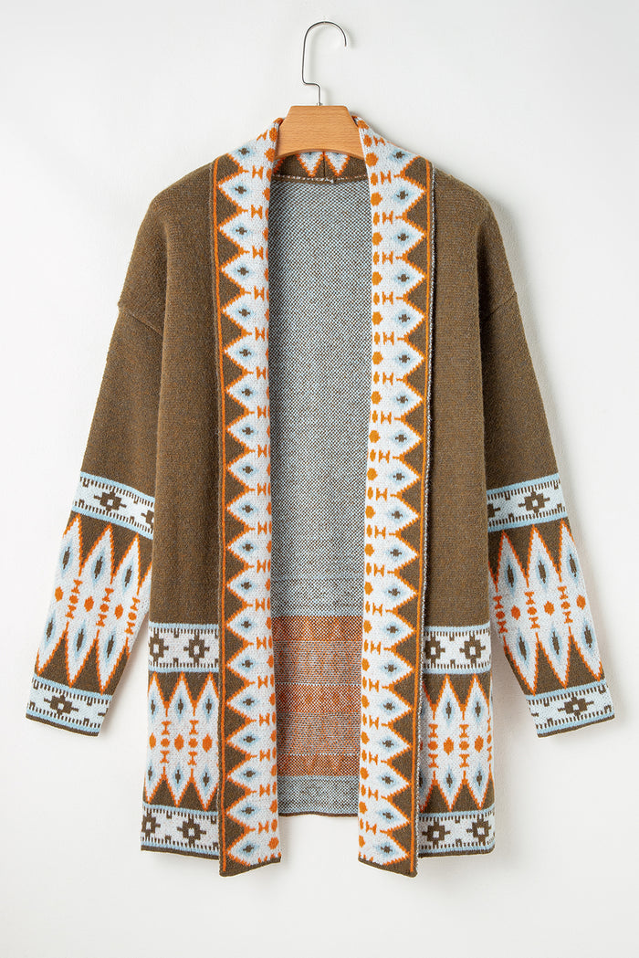 Cardigan tricoté marron à imprimé aztèque ouvert sur le devant-A WOMAN WE LOVE