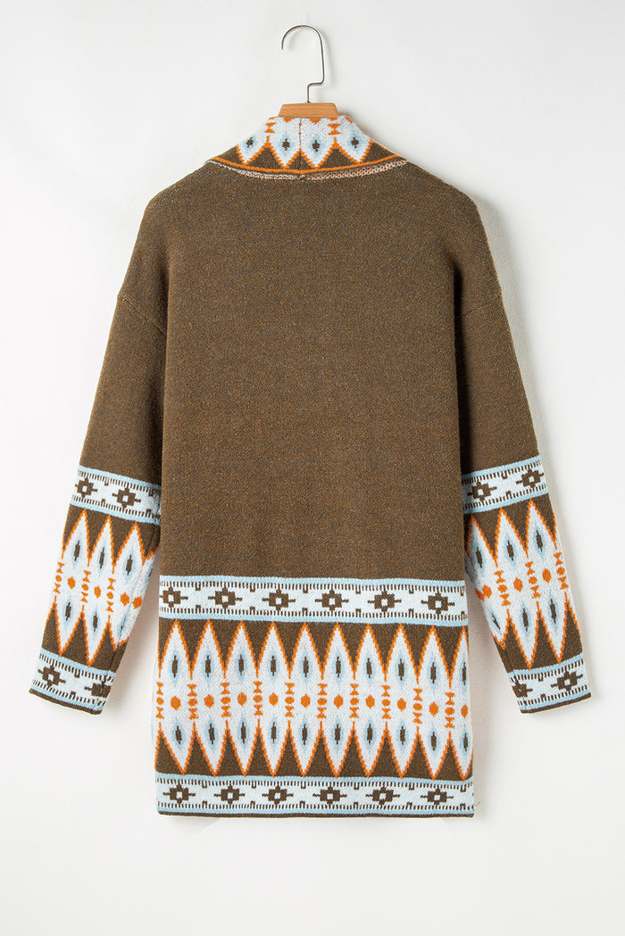 Cardigan tricoté marron à imprimé aztèque ouvert sur le devant-A WOMAN WE LOVE