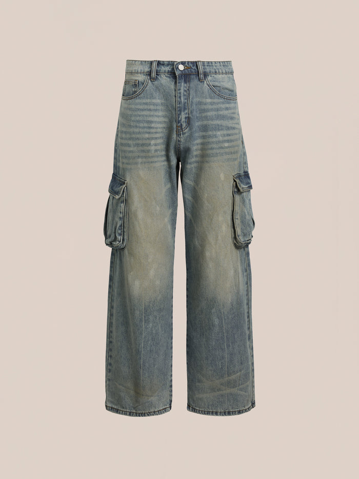FOUND's Cargo Jeans offer blue denim with a relaxed fit, faded detailing, and multiple pockets for durable workwear.
