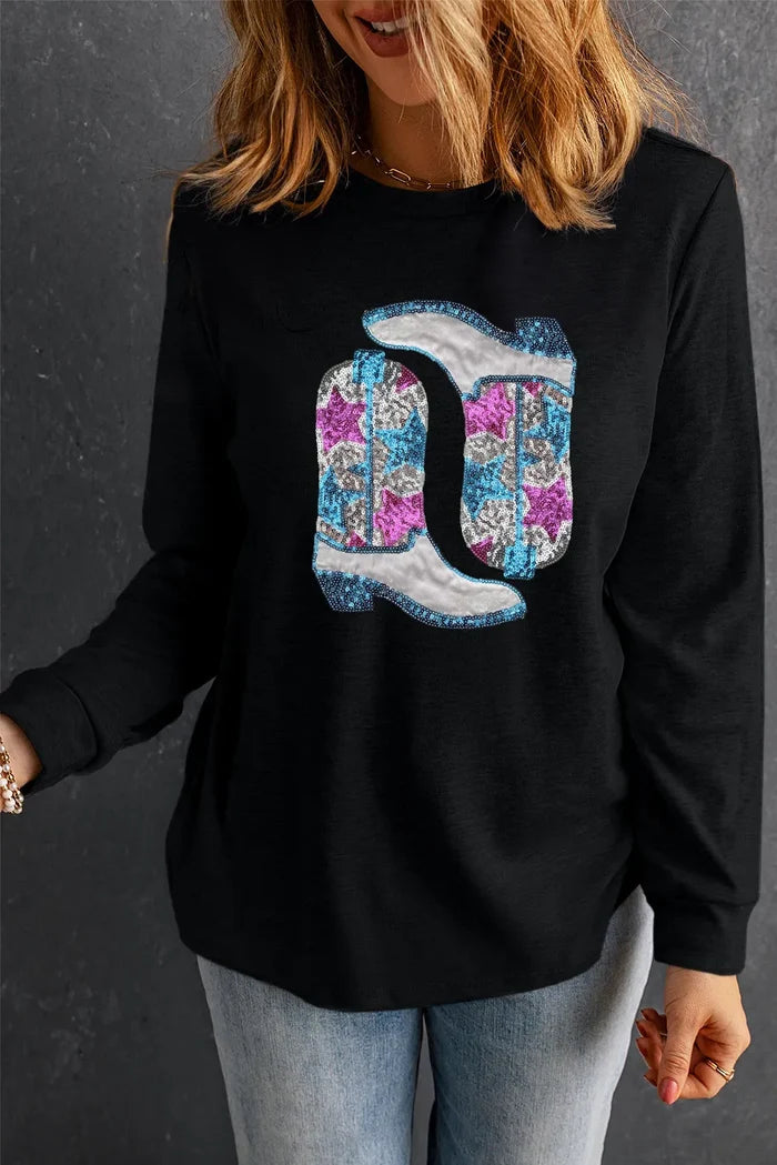 Casual Black Boots Graphic Sweatshirt with Long Sleeves