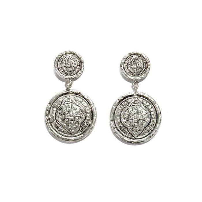Cathedral Post Earrings-Sevilla: Silver-tone double coin drop earrings with embossed detailing.