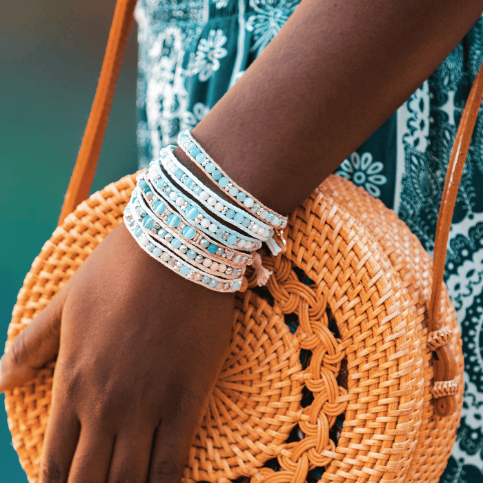 Celestial Bodies Healing Bracelet, wrapped on wrist with bag