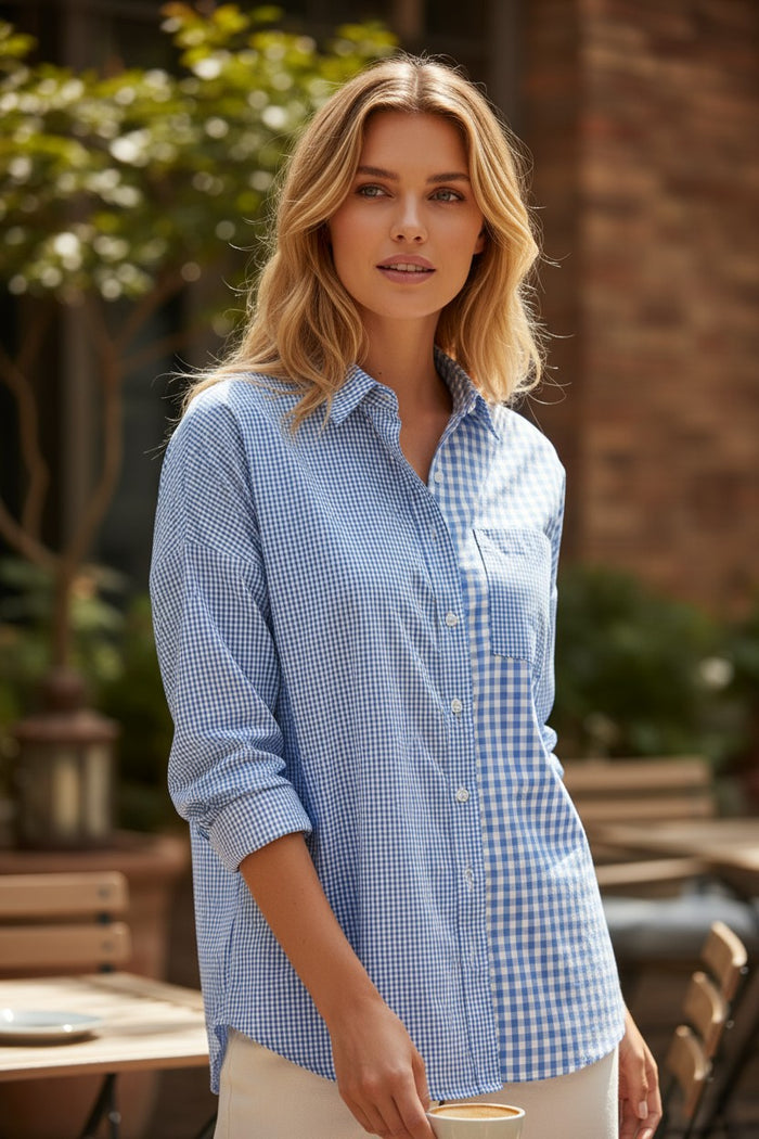 Chemise à manches longues boutonnée en patchwork *