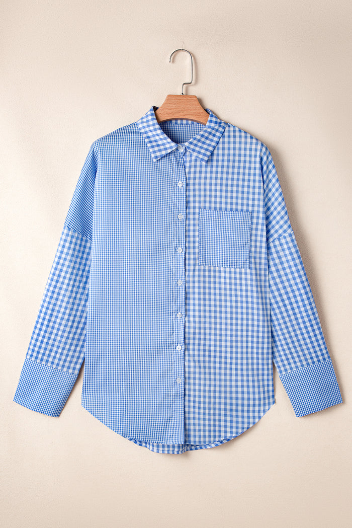 Chemise à manches longues boutonnée en patchwork à carreaux et rayures bleu ciel-A WOMAN WE LOVE