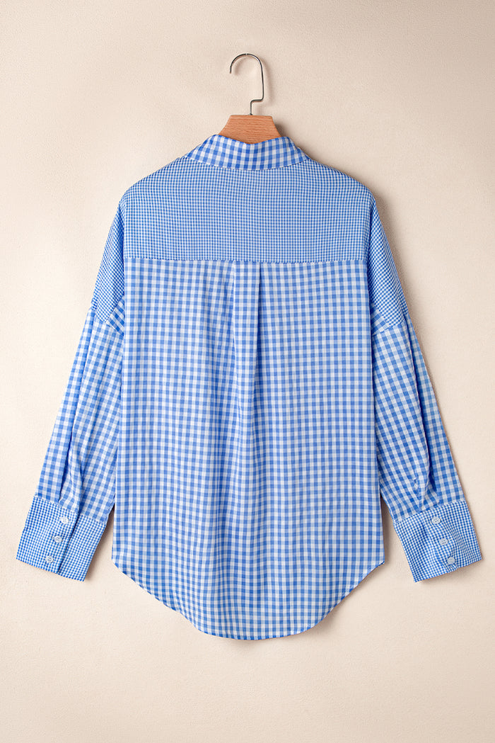 Chemise à manches longues boutonnée en patchwork à carreaux et rayures bleu ciel-A WOMAN WE LOVE