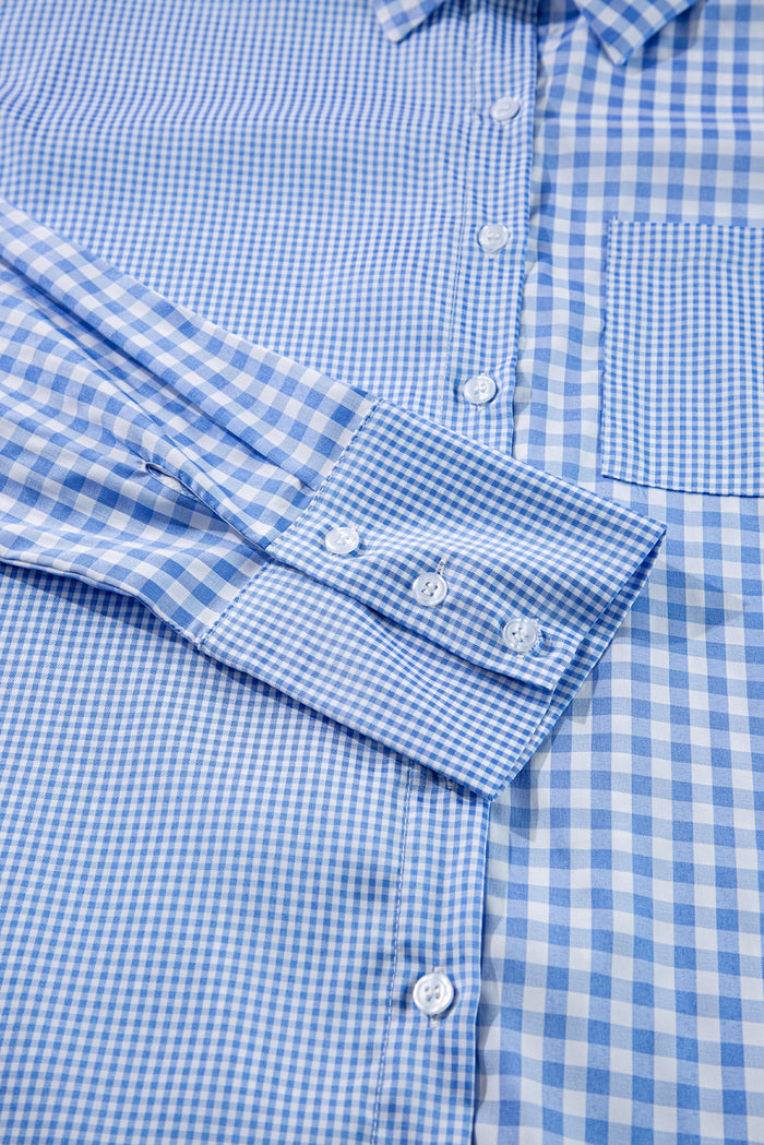 Chemise à manches longues boutonnée en patchwork à carreaux et rayures bleu ciel-A WOMAN WE LOVE