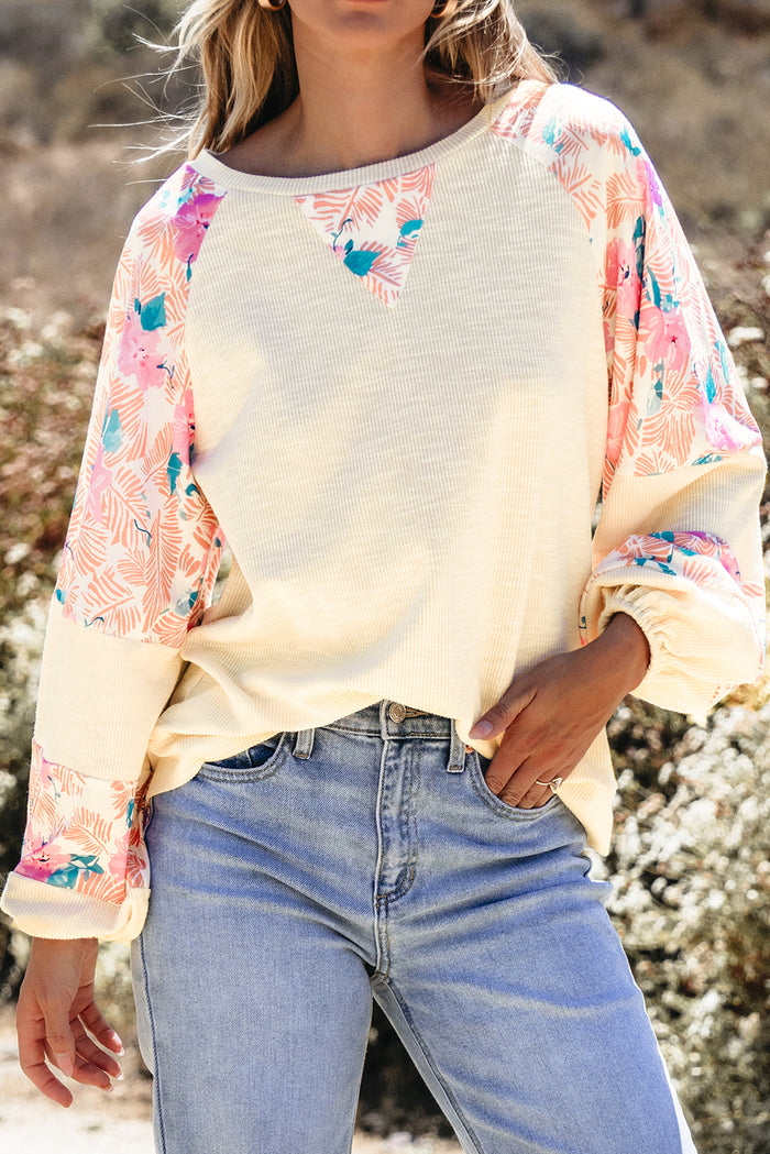 Chemisier à manches ballon en patchwork floral texturé abricot-A WOMAN WE LOVE