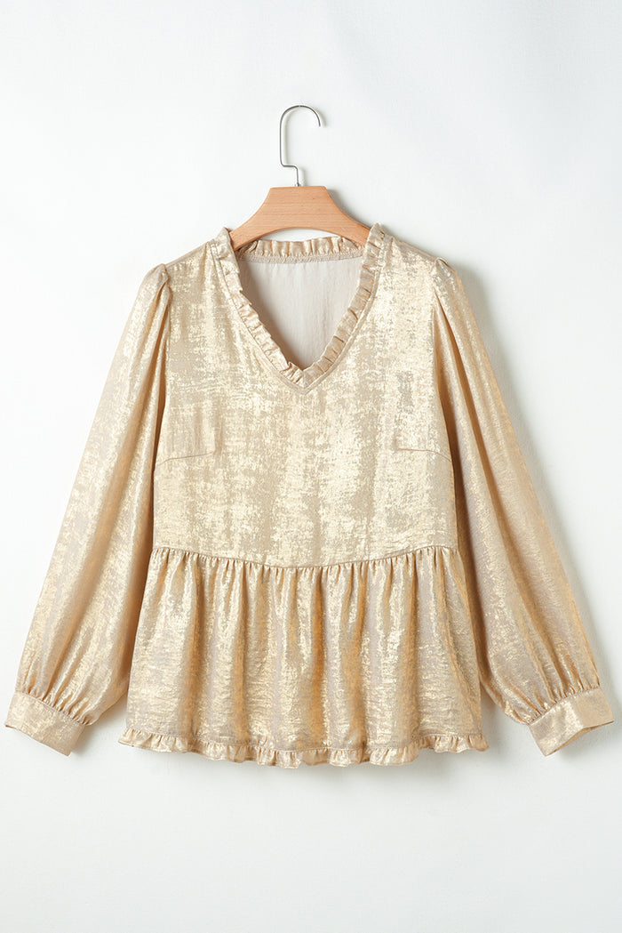 Chemisier babydoll dorée à volants et col en V à manches bouffantes *-A WOMAN WE LOVE